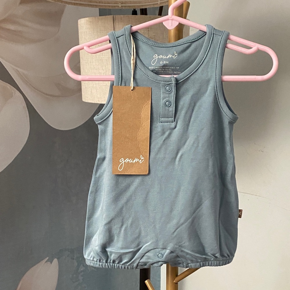Goumi Bamboo blend 0-3 mos.‎ Dusty Blue Sleeveless Cotton Tank Romper